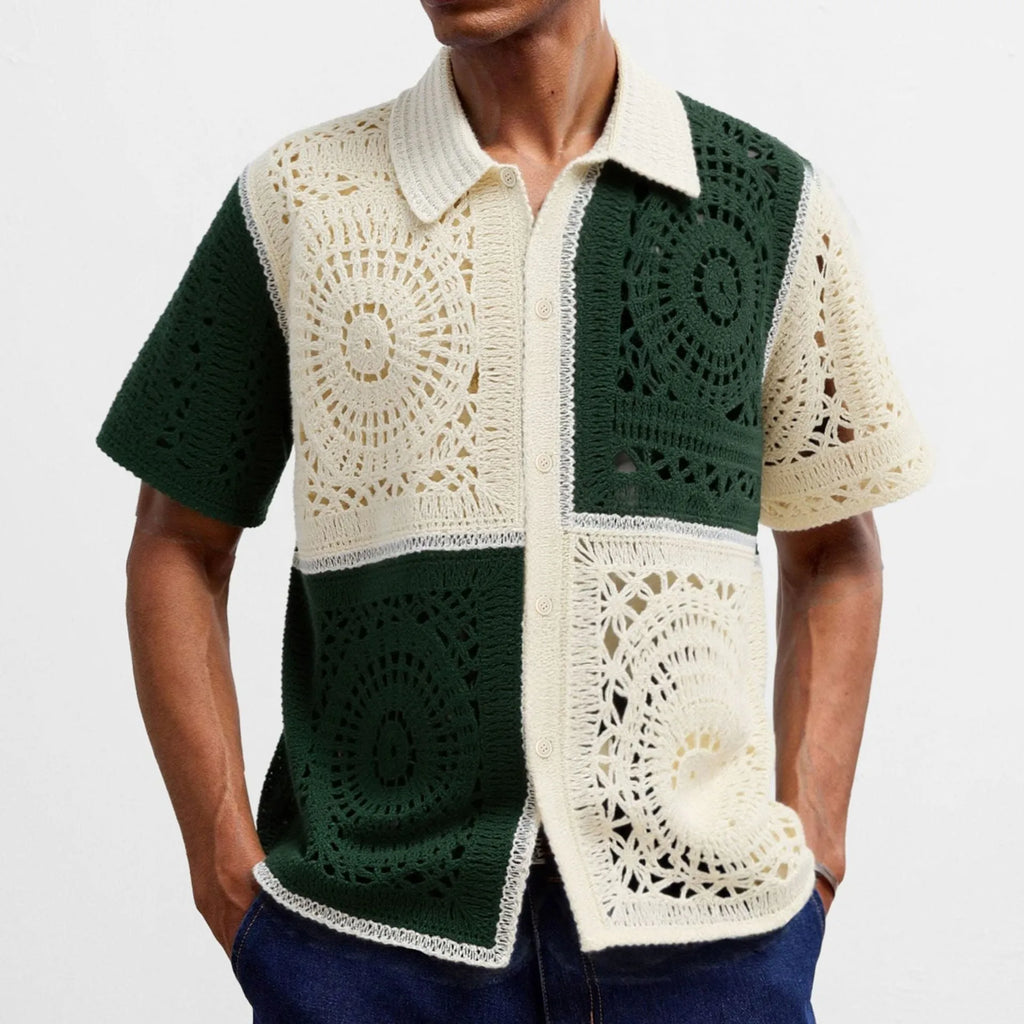 Beige colourblock men's short sleeve knitwear shirt on a hanger showing flocking detail and regular fit.