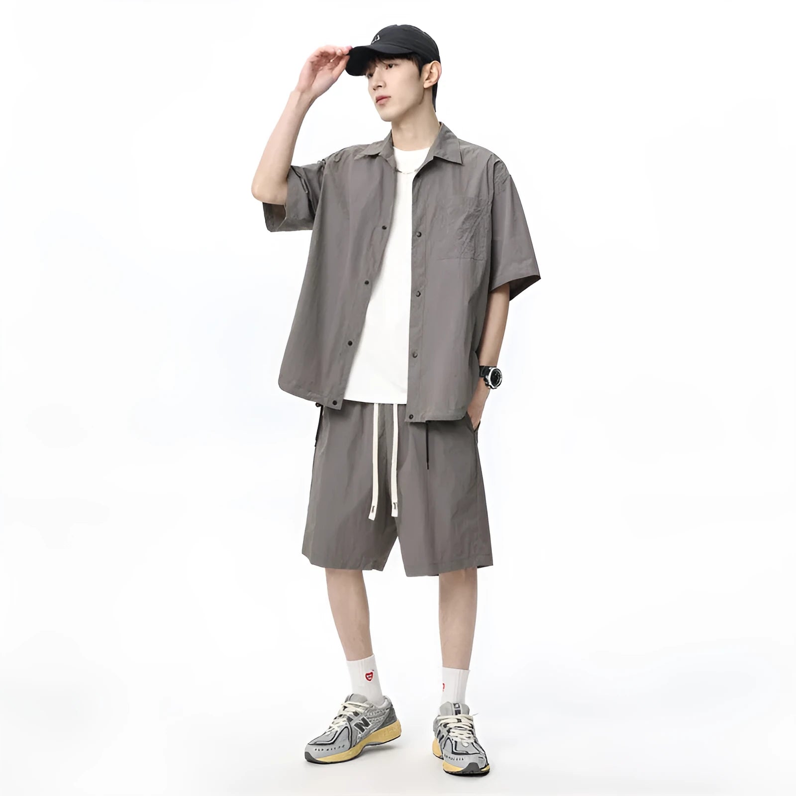 Men's casual two-piece set showing shirt and shorts in nylon blend fabric