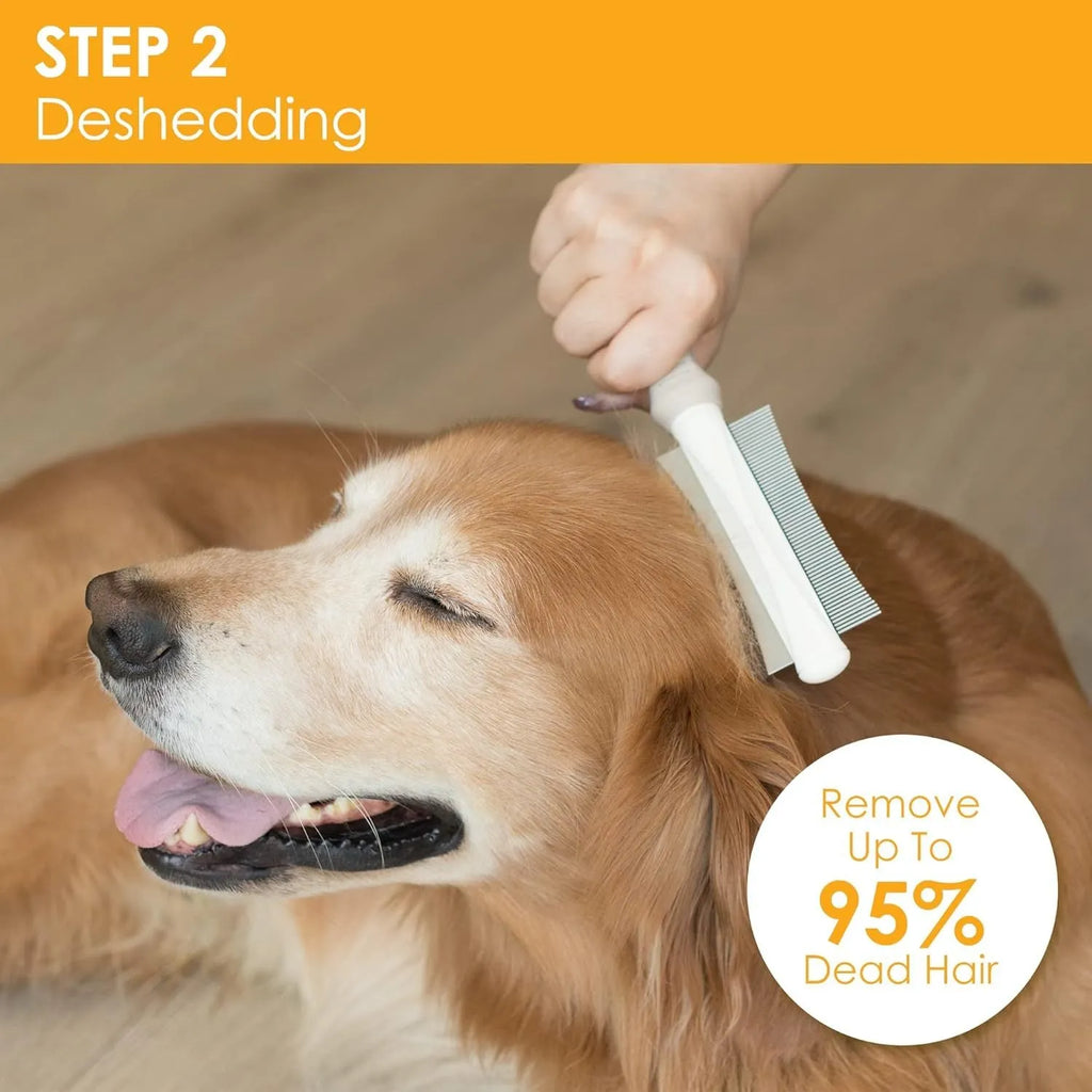 White double-sided dog and cat brush showing comb and deshedding blade with ergonomic handle.