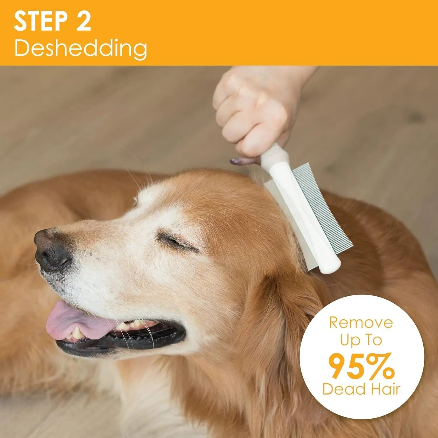 White double-sided dog and cat brush showing comb and deshedding blade with ergonomic handle.