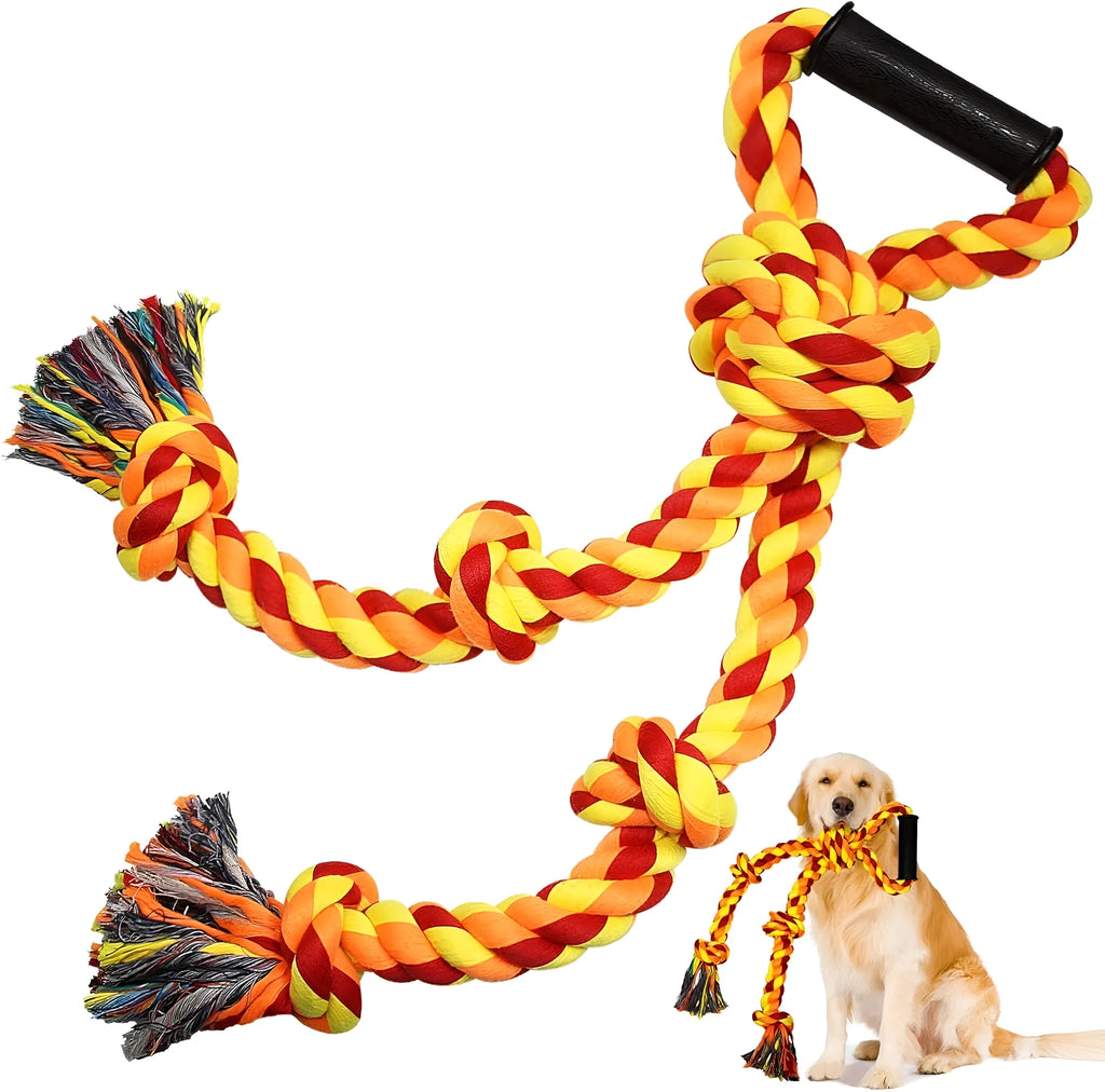 Blue and yellow durable cotton rope tug toy for large dogs with a textured handle