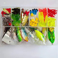 142-piece fishing lure set showing hard mino swimbaits with sequins, metal pliers, and assorted plastic lures.