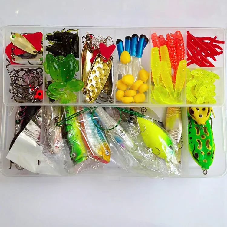 142-piece fishing lure set showing hard mino swimbaits with sequins, metal pliers, and assorted plastic lures.
