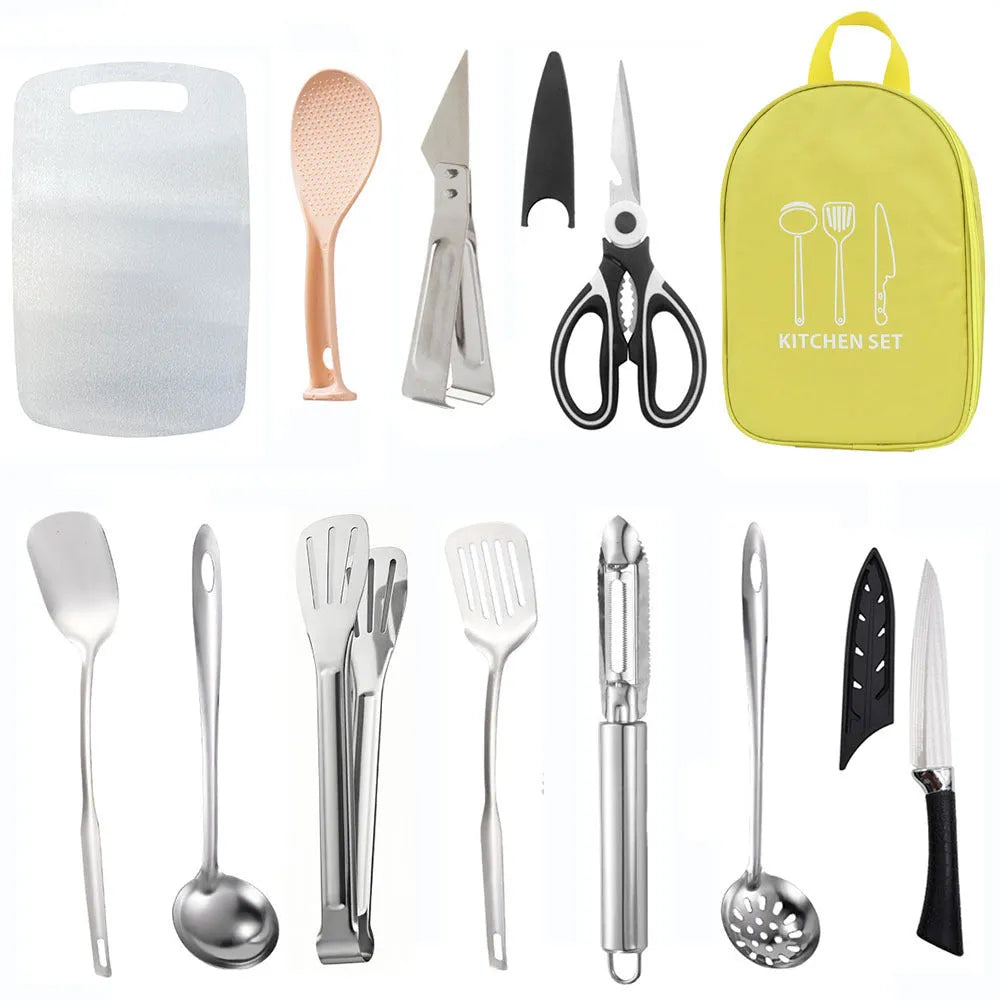 Portable picnic kitchenware storage bag containing 12 stainless steel pieces.