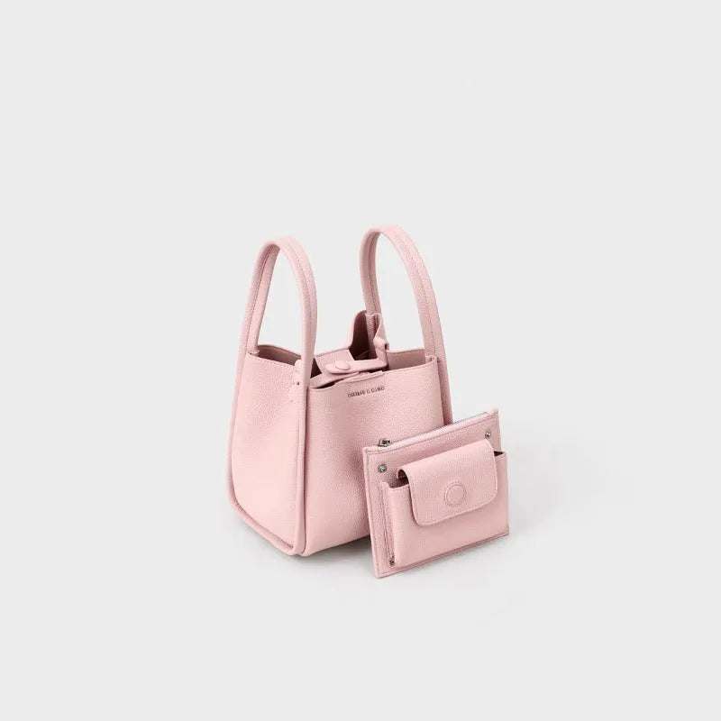 Genuine leather bucket shoulder bag for women, 20x16x19cm, pink colour, with sewing thread and lock detail