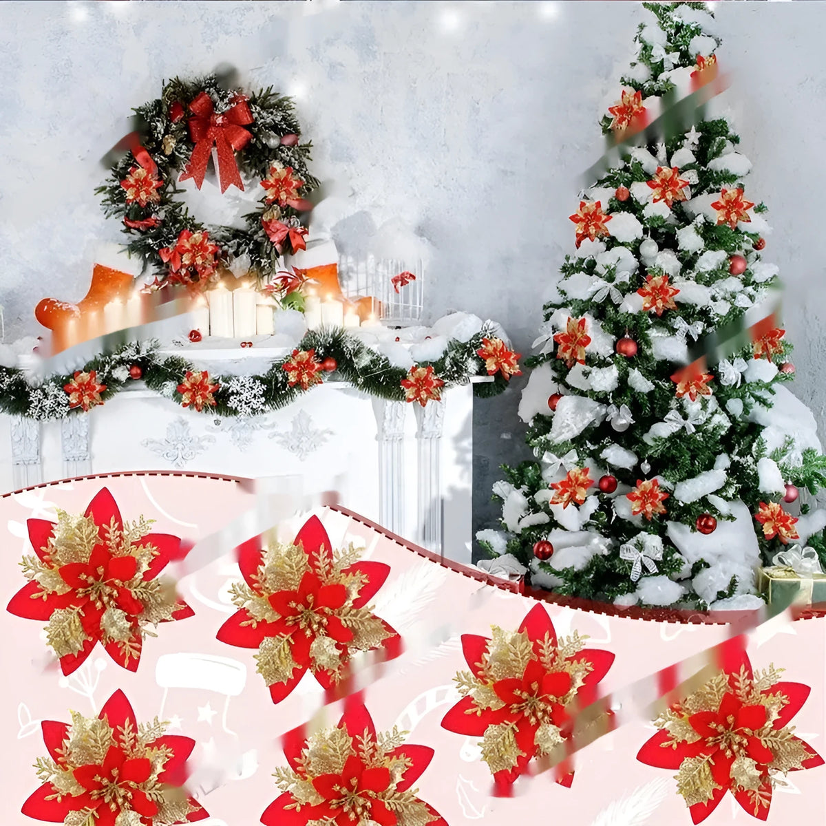 14cm gold powder double-layer artificial Christmas flower on a white background