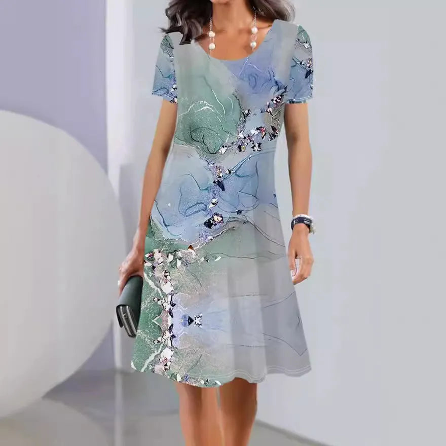 Women's floral print Ice Silk midi dress with short sleeves on a hanger.