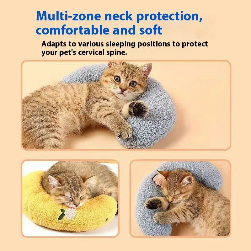 Blue cloth cat sleeping mat with a U-shaped neck pillow in a question mark style.