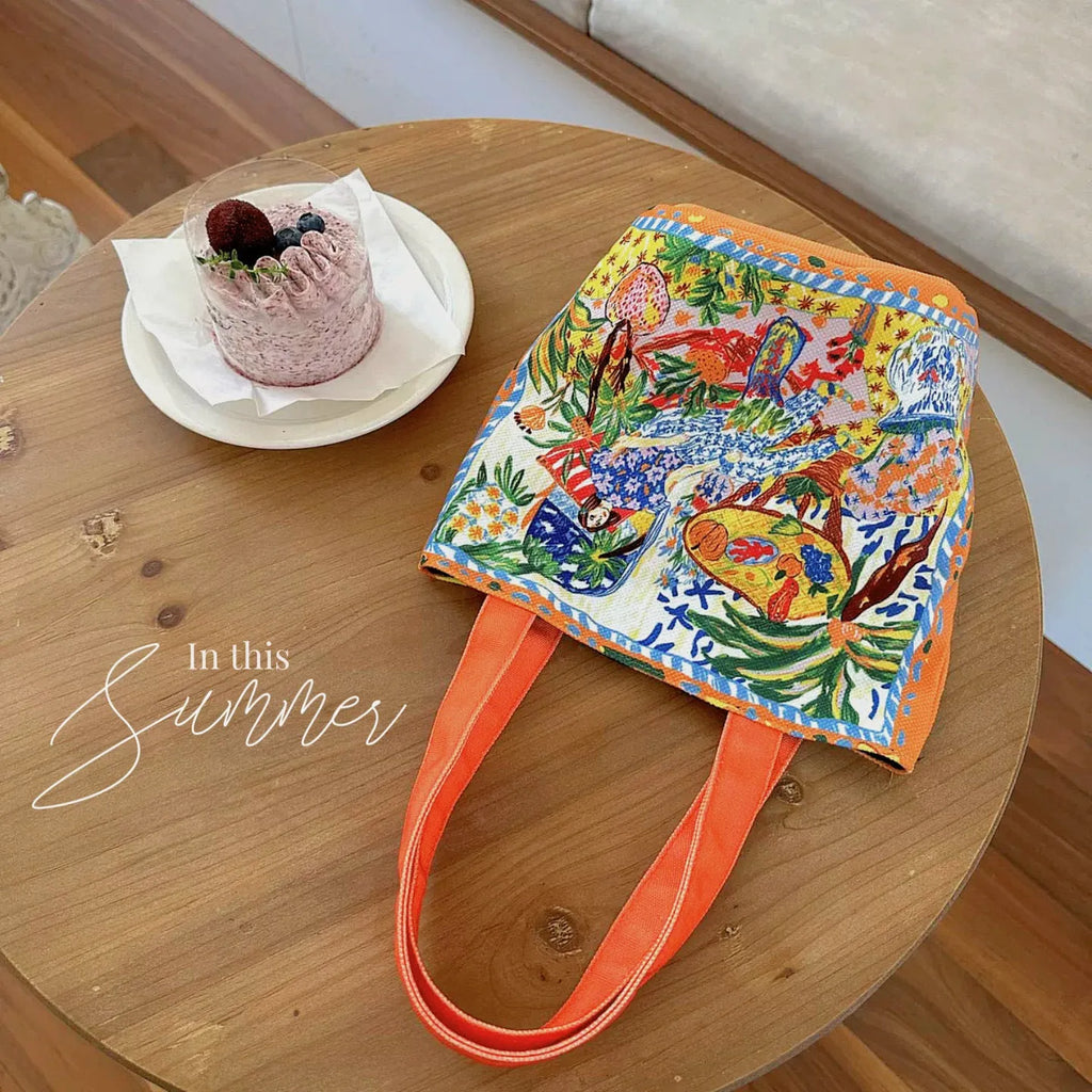 Dream Garden Orange canvas bucket bag with plush finish and double shoulder straps