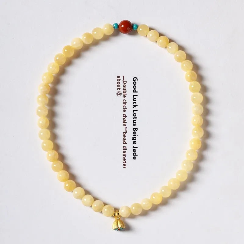 Yellow jade handmade double ring bracelet with lotus seedpod beads in 6mm and 8mm sizes