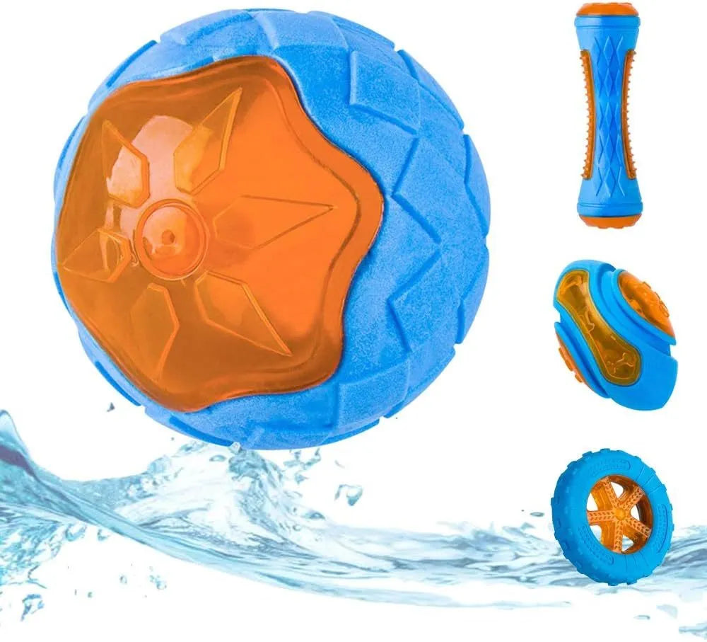 Set of three floating TPR dog toys: a red squeaky ball, a blue squeaky barbell, and an orange squeaky tire on a blue background.