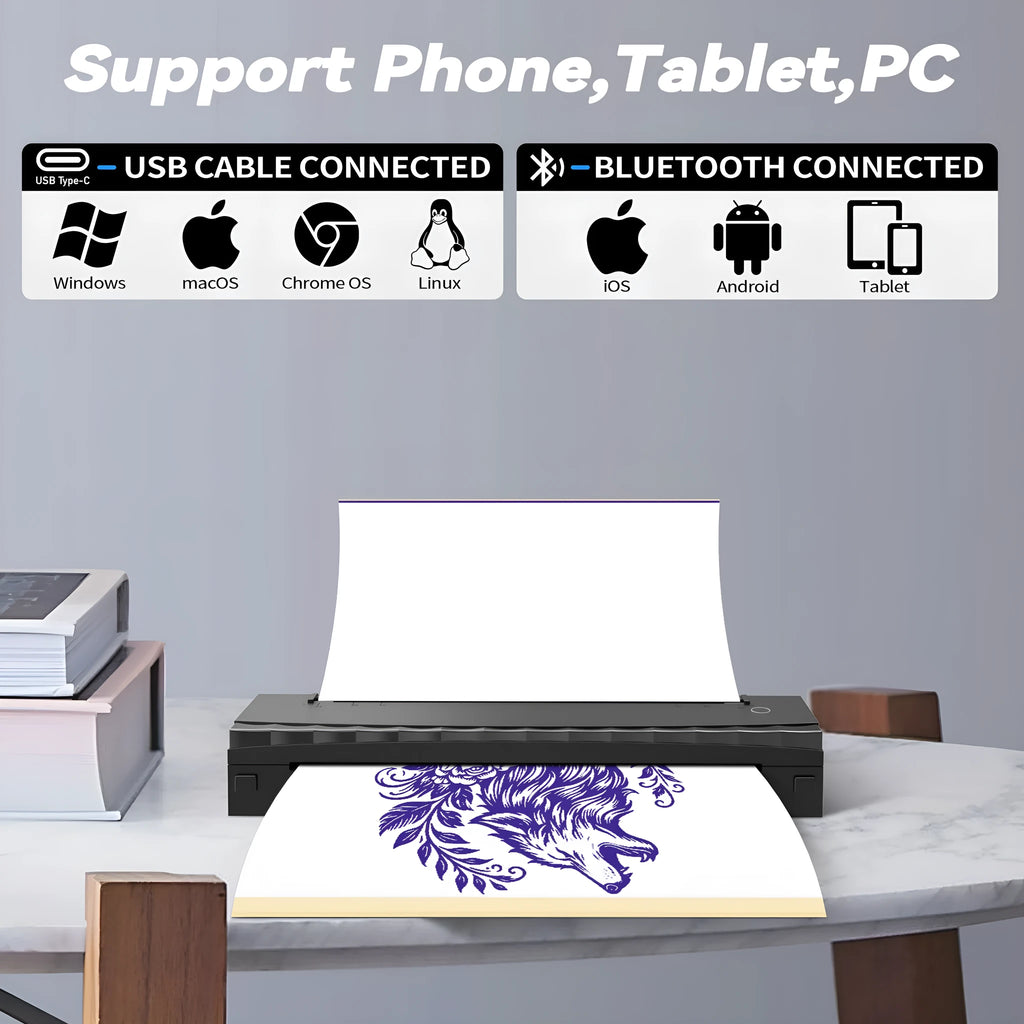 A4 Bluetooth portable mini thermal tattoo printer in D80 Black with USB and Type-C ports