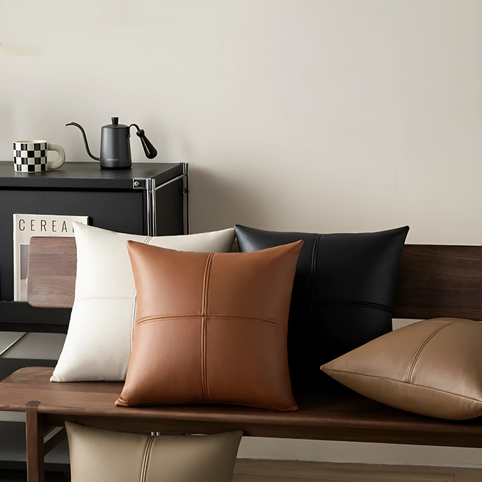 Soft cowhide leather pillow cover in solid colour on sofa cushion
