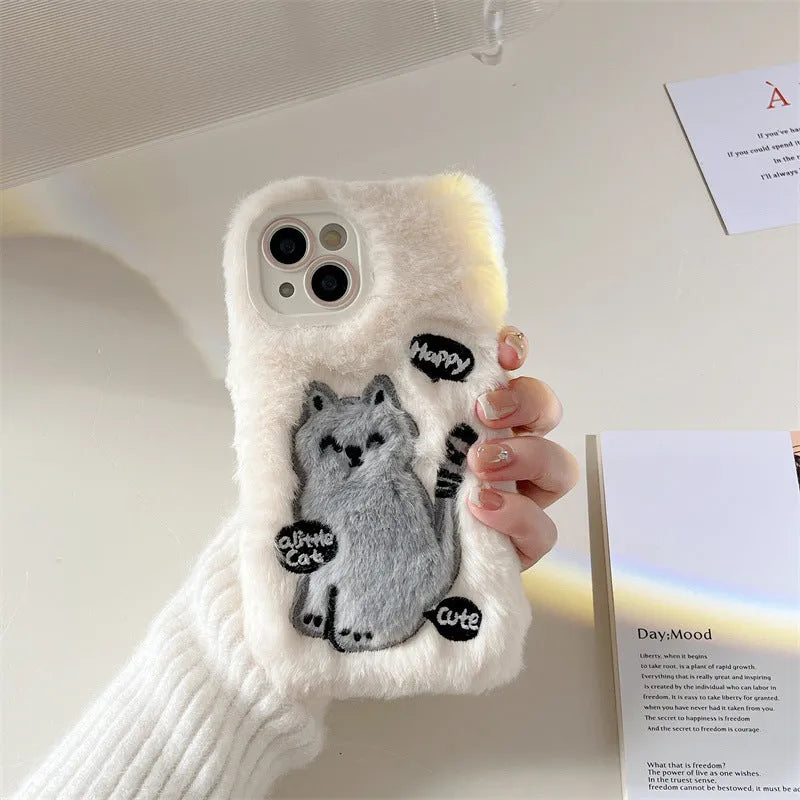 Three-pack soft shell TPU phone case with plush embroidery happy cat pattern for iPhone
