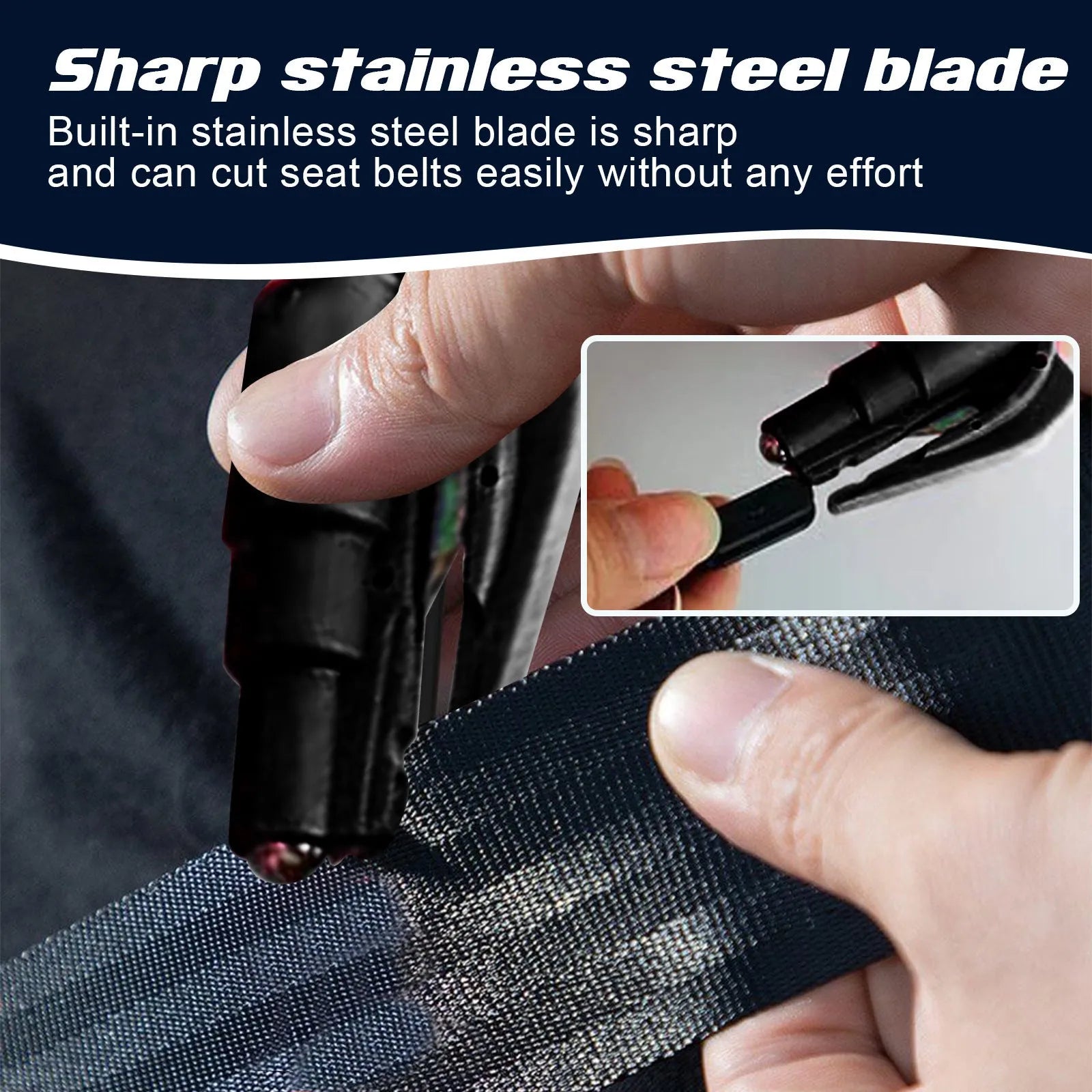 Compact car emergency hammer with seatbelt cutter measuring 3.5 by 7.5 centimetres