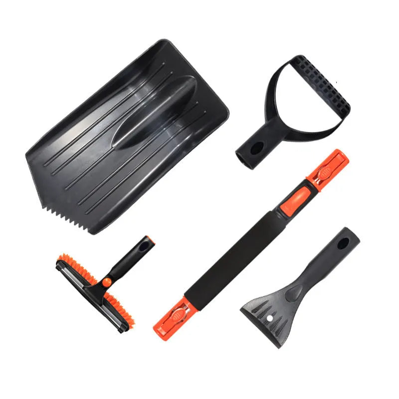 Car snow plough shovel set with ice and snow brush, telescopic rod, handle, frost scraper, icing spatula and plastic shovel
