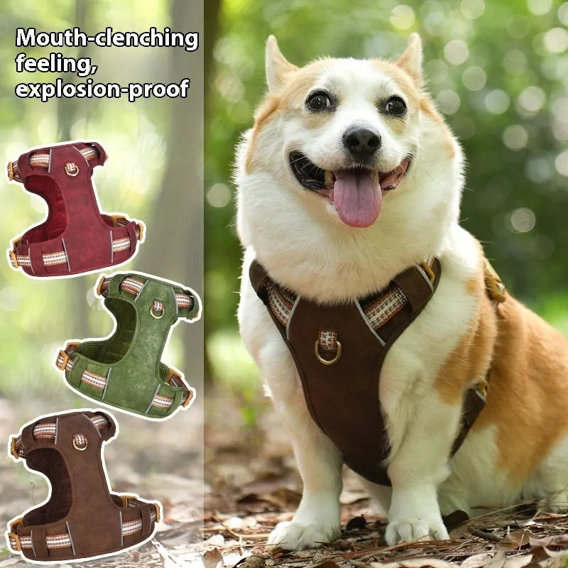Brown retro leather dog harness with reflective stitching and explosion-proof buckle on adjustable chest strap