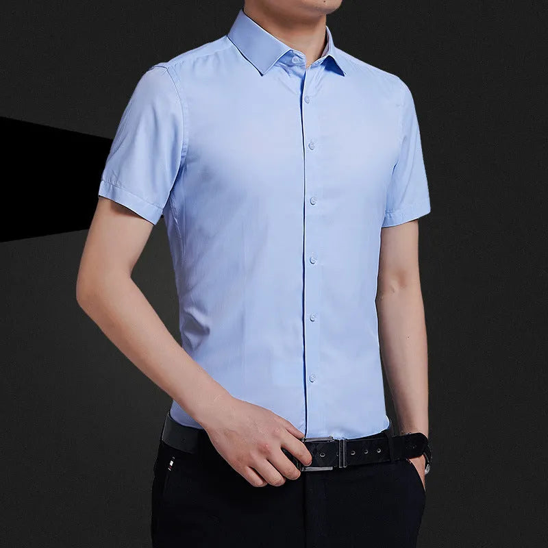 Men's non-iron short sleeve casual shirt in light blue, loose fit, cotton blend, front view