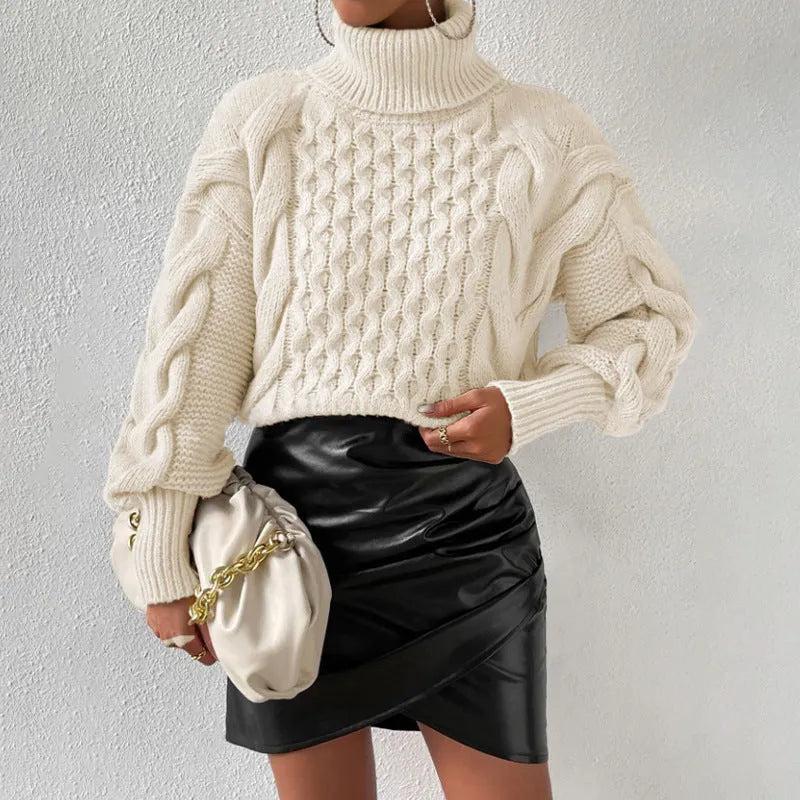 Twist thread loose sweater for women in white or camel, long sleeve polyester pullover, sizes S-XL