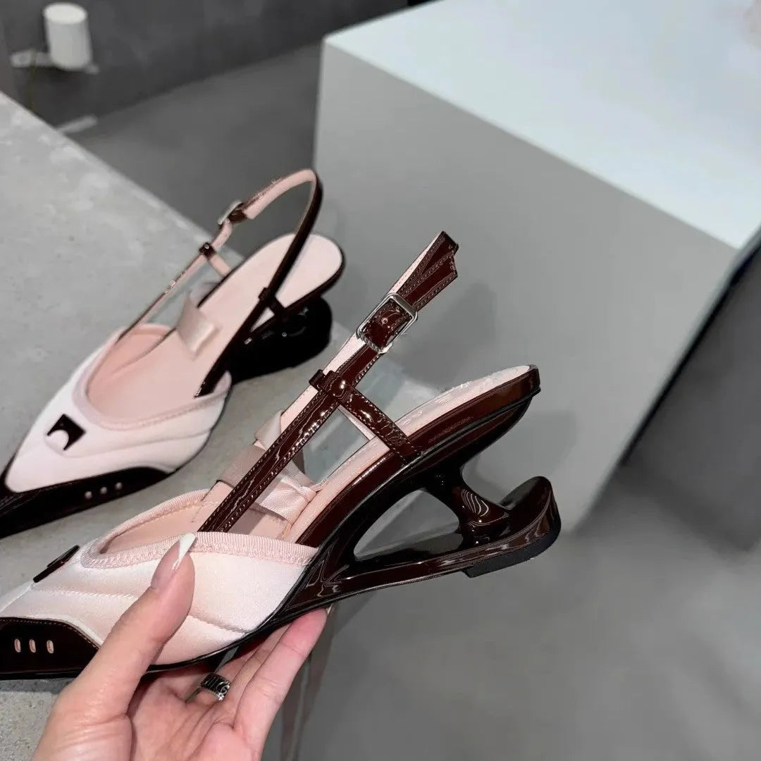 Special-shaped root lace-up high heels in black and pink colours with cowhide upper