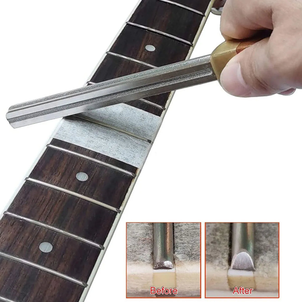 Square guitar fret edge file with four gauge slots 1mm 2mm 3mm 4mm, carbon steel body, diamond grit, wooden handle