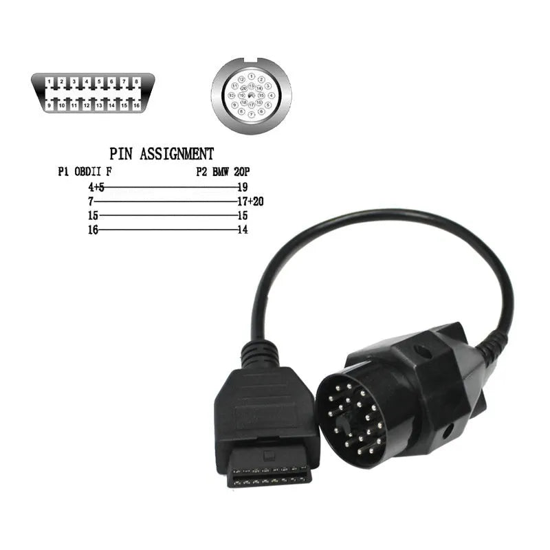 BMW 20-pin to 16-pin OBD2 diagnostic port adaptor cable on a white background.