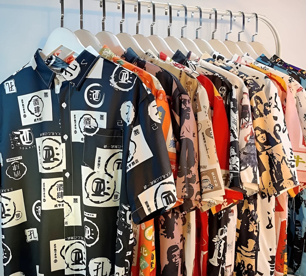 Man wearing a loose-fit short sleeve shirt with a vibrant all-over floral print pattern.