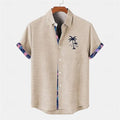 Linen short sleeve casual shirt with ocean fish pattern on the lapel, shown in loose fit.