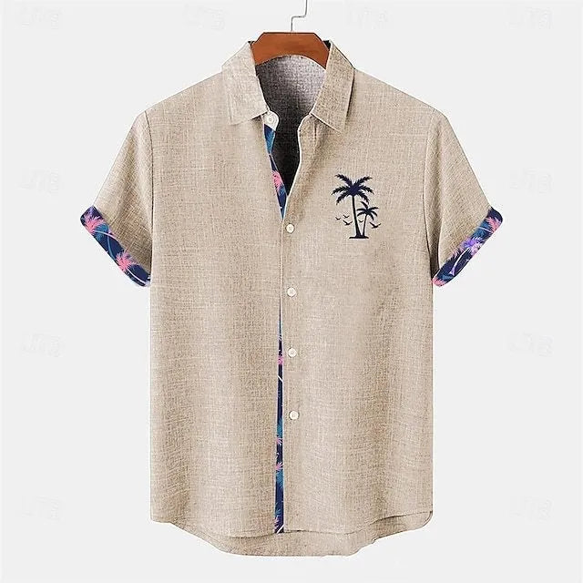 Linen short sleeve casual shirt with ocean fish pattern on the lapel, shown in loose fit.