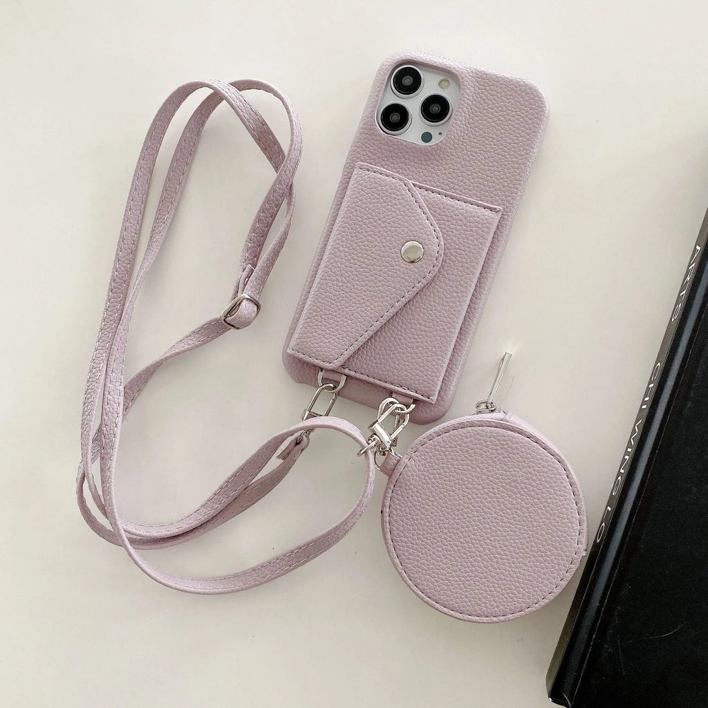 Crossbody phone case with card holder and coin purse in PC leather, available in blue, khaki, and purple for iPhone models