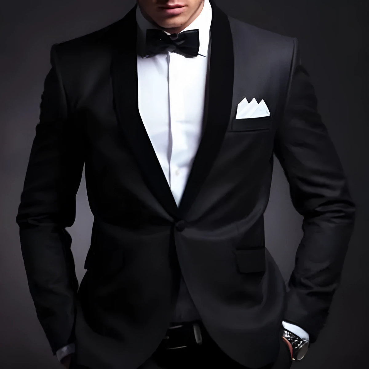 Black men's slim fit two-piece acetate blend suit on hanger, front view