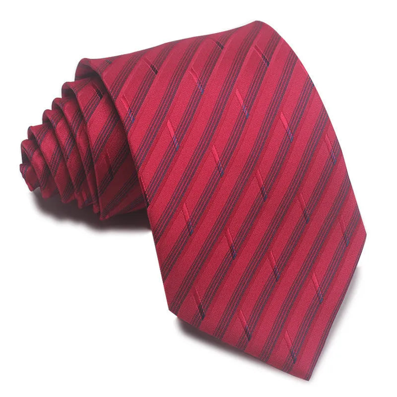 Men's red and black striped polyester jacquard business tie with an arrow end.