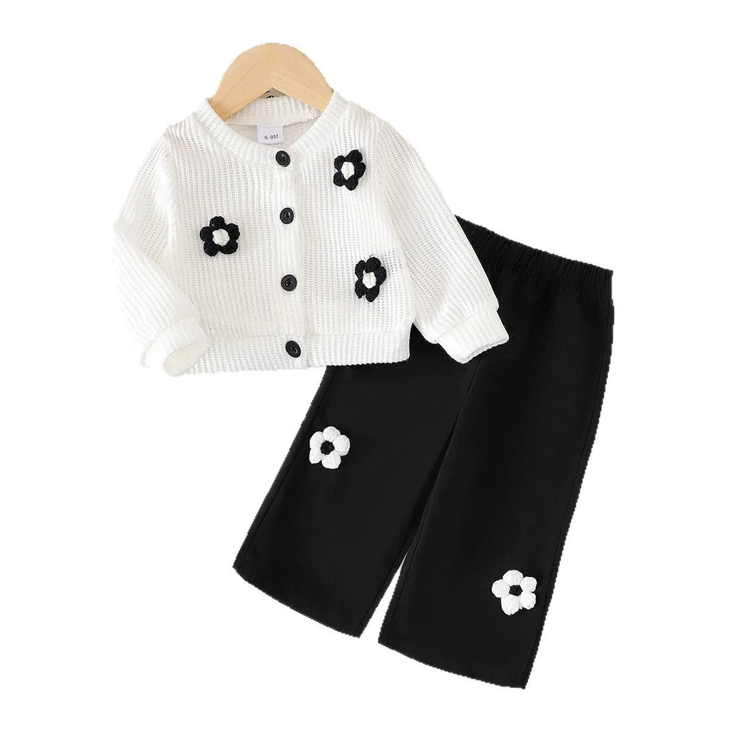 White floral long sleeve top and black trousers baby outfit set in cotton, sizes 6-9M to 2-3Y