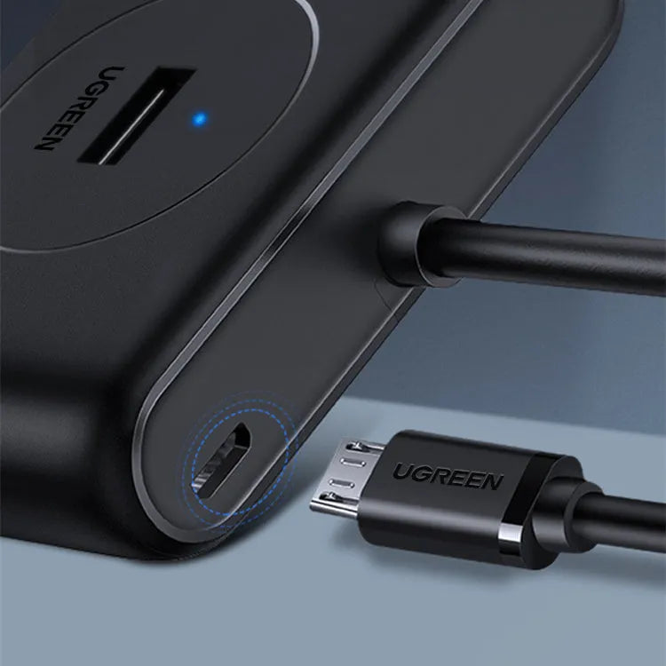 USB hub splitter 4-port ABS plastic Deep Black with indicator lights and Micro USB power port