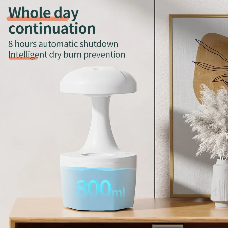 Portable white anti gravity USB cool mist humidifier with 800ml tank and droplet effect on a desk