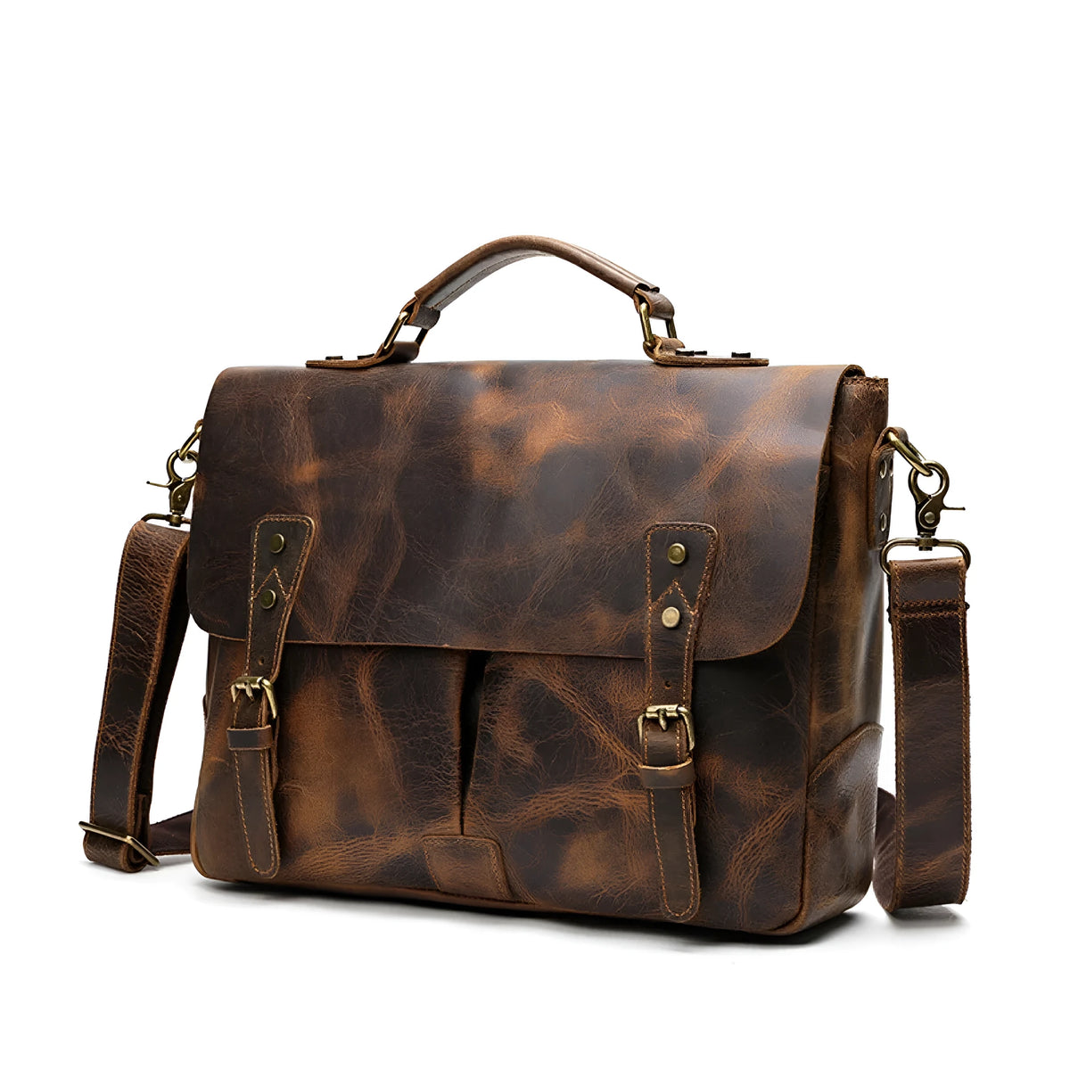 Leather mens briefcase satchel, 15 inch horizontal square bag, first-layer cowhide, reddish brown and light brown