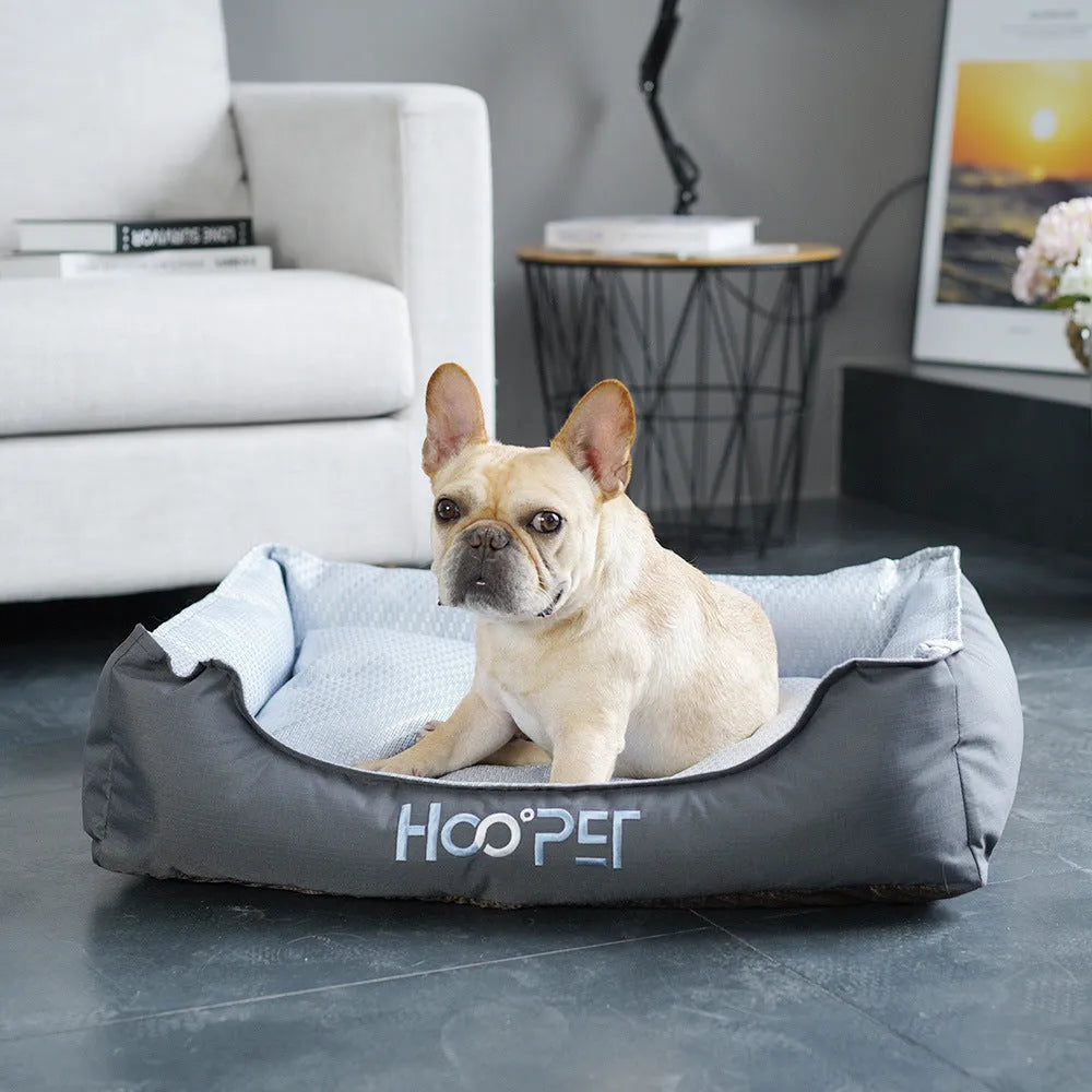 Soft summer dog bed with removable cover shown in small, medium, and large sizes as a pet house nest
