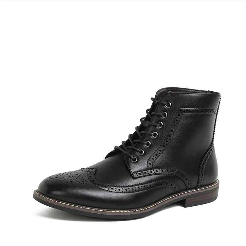 Retro high-top men's work ankle boots in black and light brown with rubber and PU construction