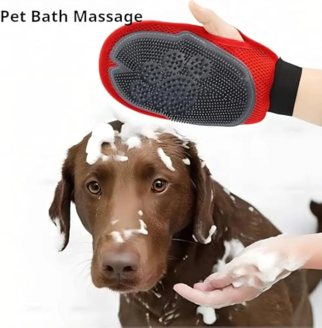 Red pet bathing glove with integrated grooming brush for dog and cat hair removal during bath time