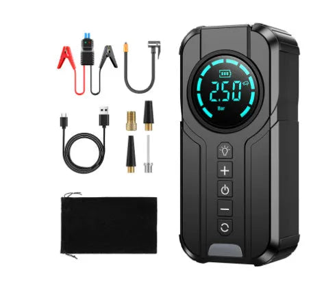Black portable vehicle tyre inflator with ABS plastic housing, digital display, and multiple nozzle adapters on white background