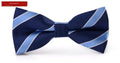 Men's printed polyester flat head bow tie in black stripe, dark blue dot, or light blue stripe for wedding and formal wear