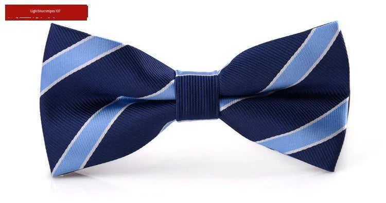 Men's printed polyester flat head bow tie in black stripe, dark blue dot, or light blue stripe for wedding and formal wear