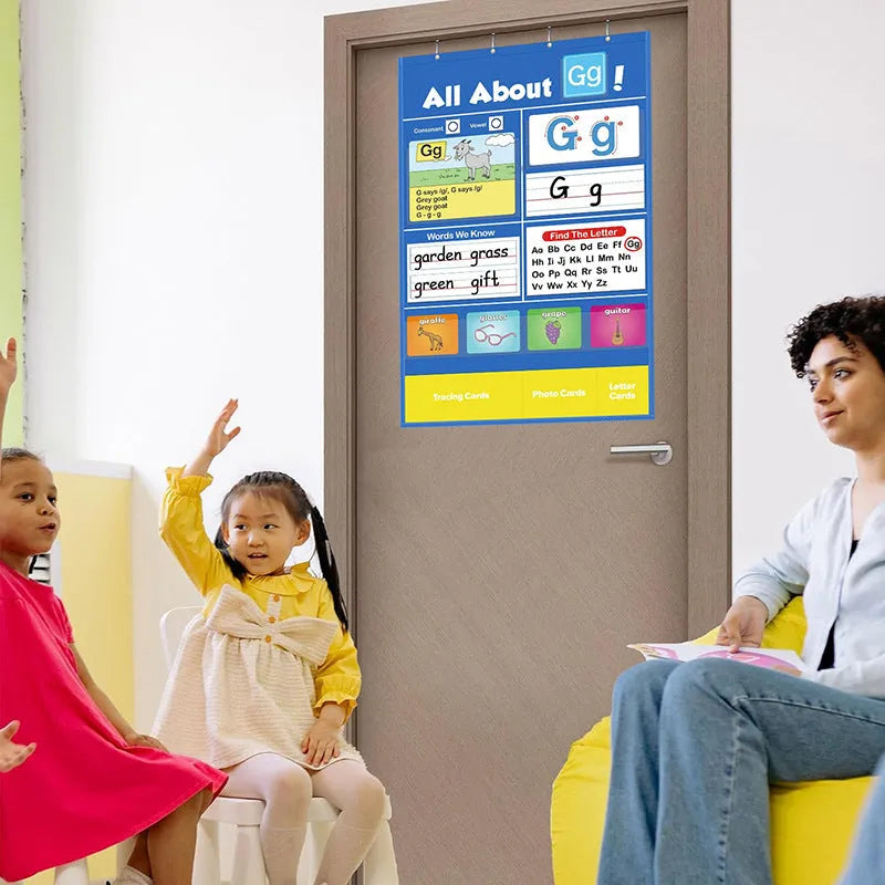 Silicone alphabet learning sleeve chart with word and letter cards laid out, measuring 60x40 cm.