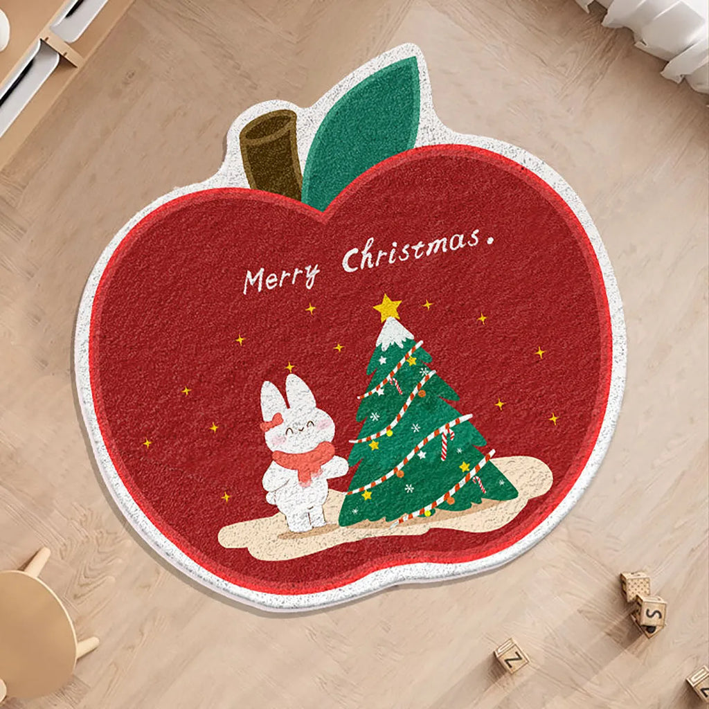 Round alien-shaped Christmas floor mat in imitation cashmere with festive gingerbread man design.