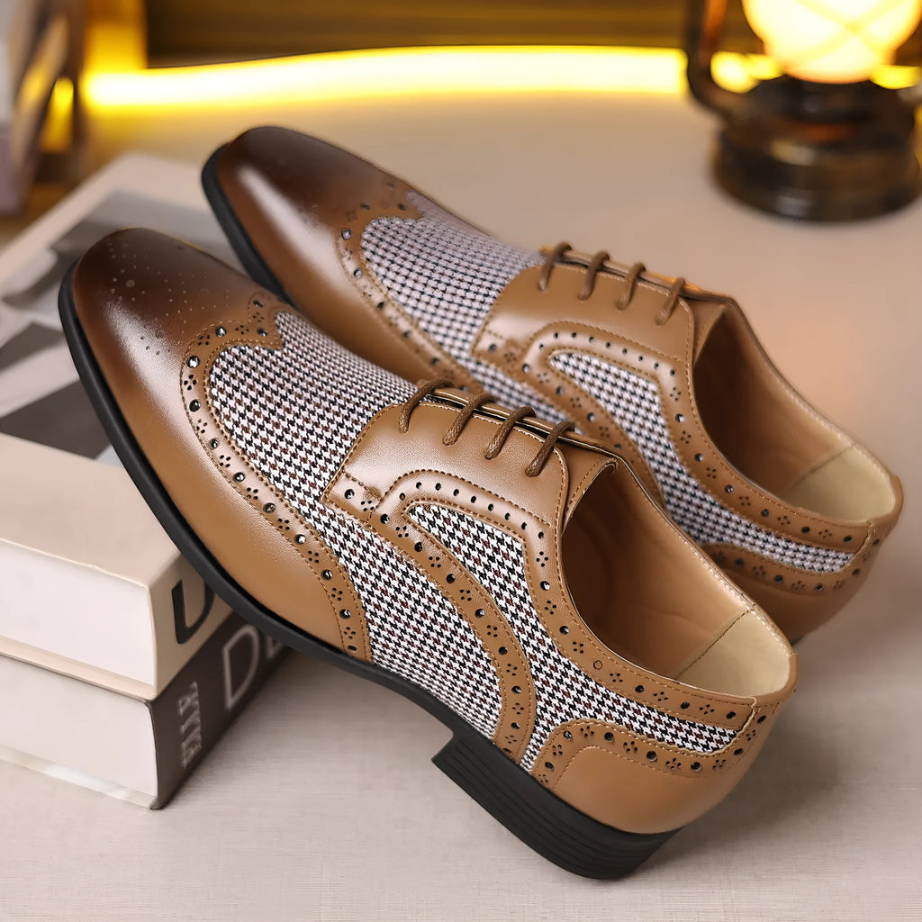 Men's black houndstooth plaid canvas casual lace-up shoes with a square toe and rubber sole.