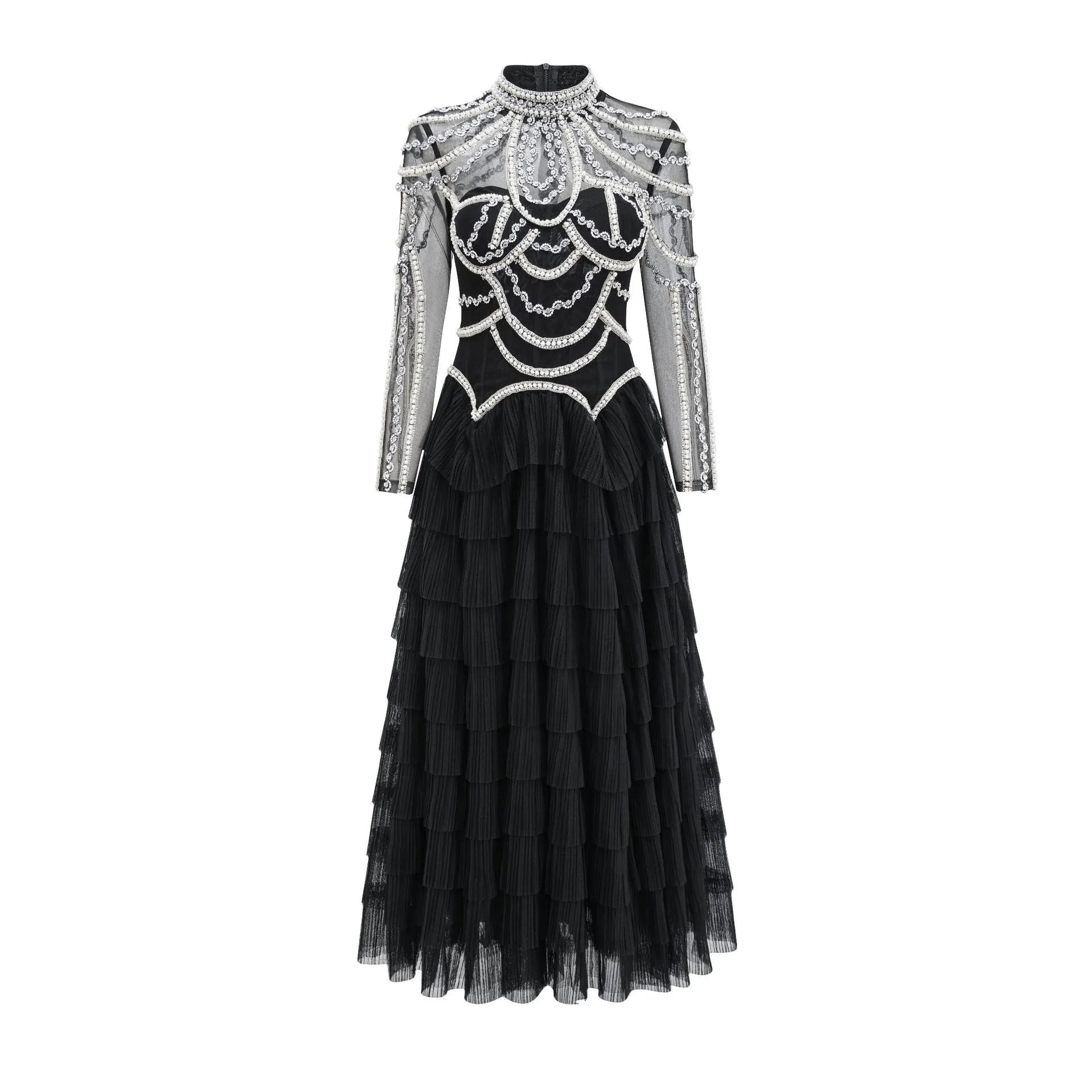 Women's black long sleeve beaded dress with a long skirt and mid waist, also available in pink.