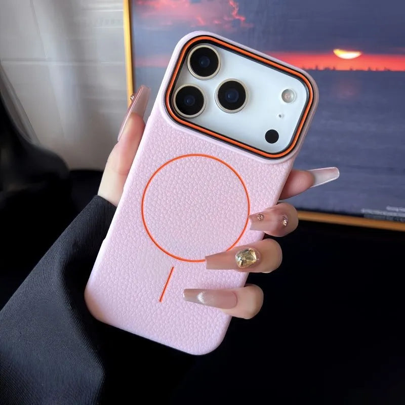 Black TPU phone case with embossed litchi pattern and magnetic ring for iPhone 17 Pro Max