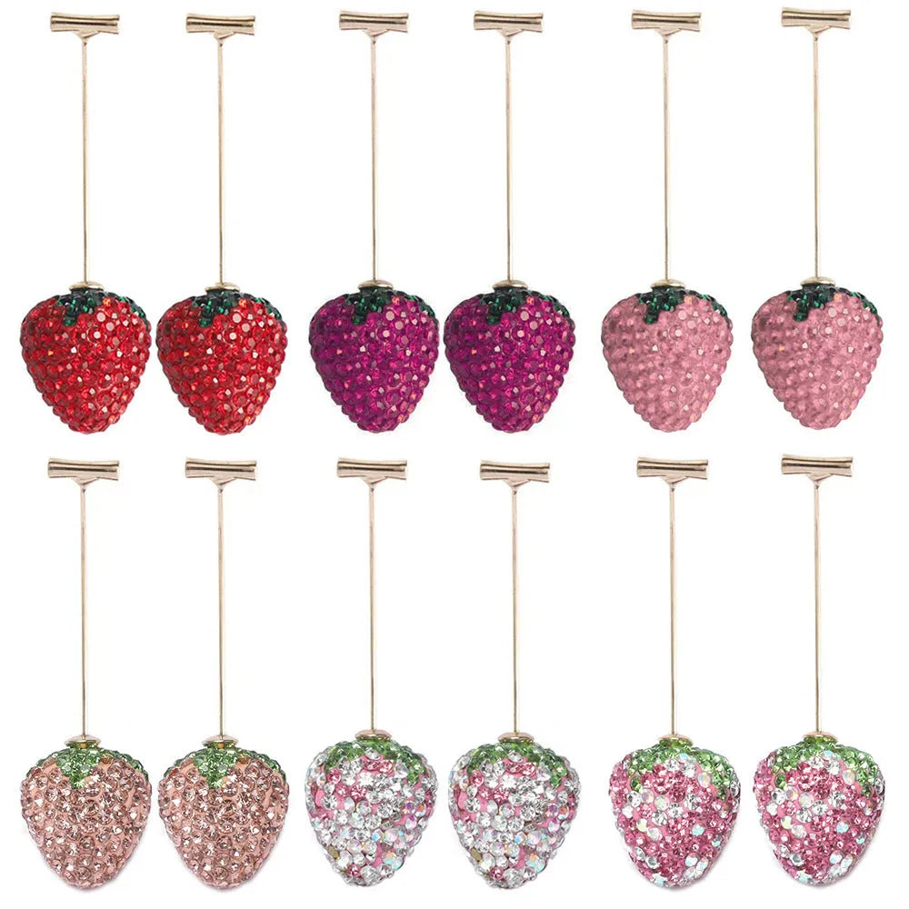 Women's geometric strawberry drop earrings with sparkling crystals in red zinc alloy.