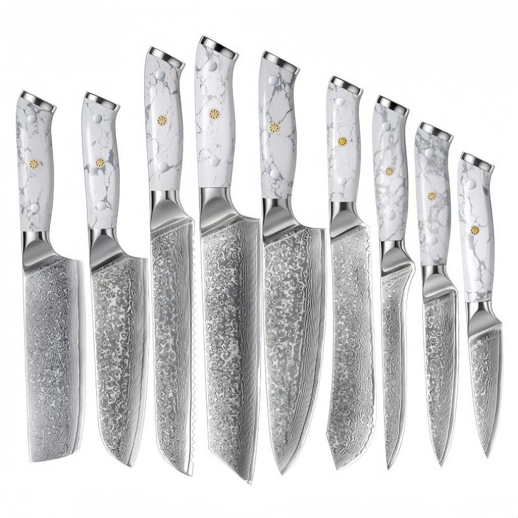Damascus pattern chef's knife with 32cm total length on kitchen counter
