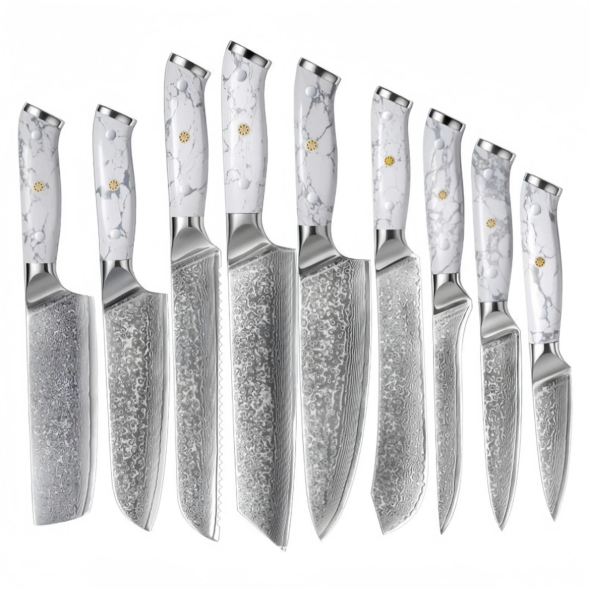 Damascus pattern chef's knife with 32cm total length on kitchen counter